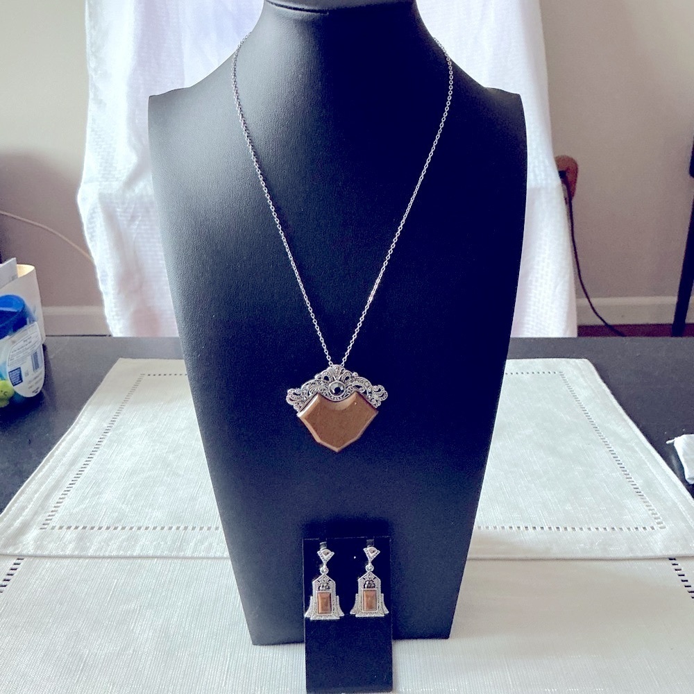 Brown Jasper and Marcasite Pendant Necklace and Earrings
